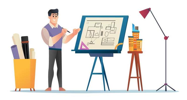 male-architect-presenting-project-concept-cartoon-illustration-man-engineer-standing-near-drawing-board-explaining-project-draft-and-building-flat-illustration-vector